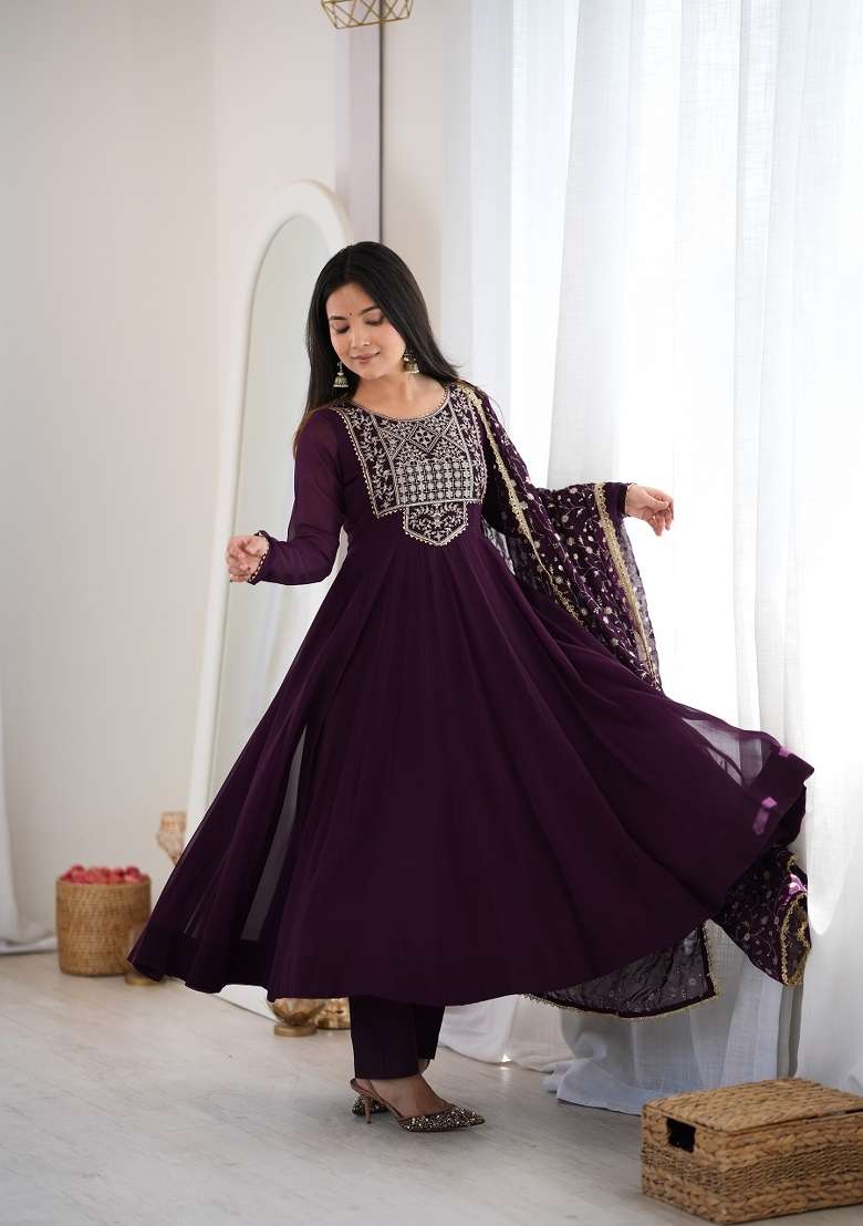 Wine Embroidered Georgette Kurta Set - Indya