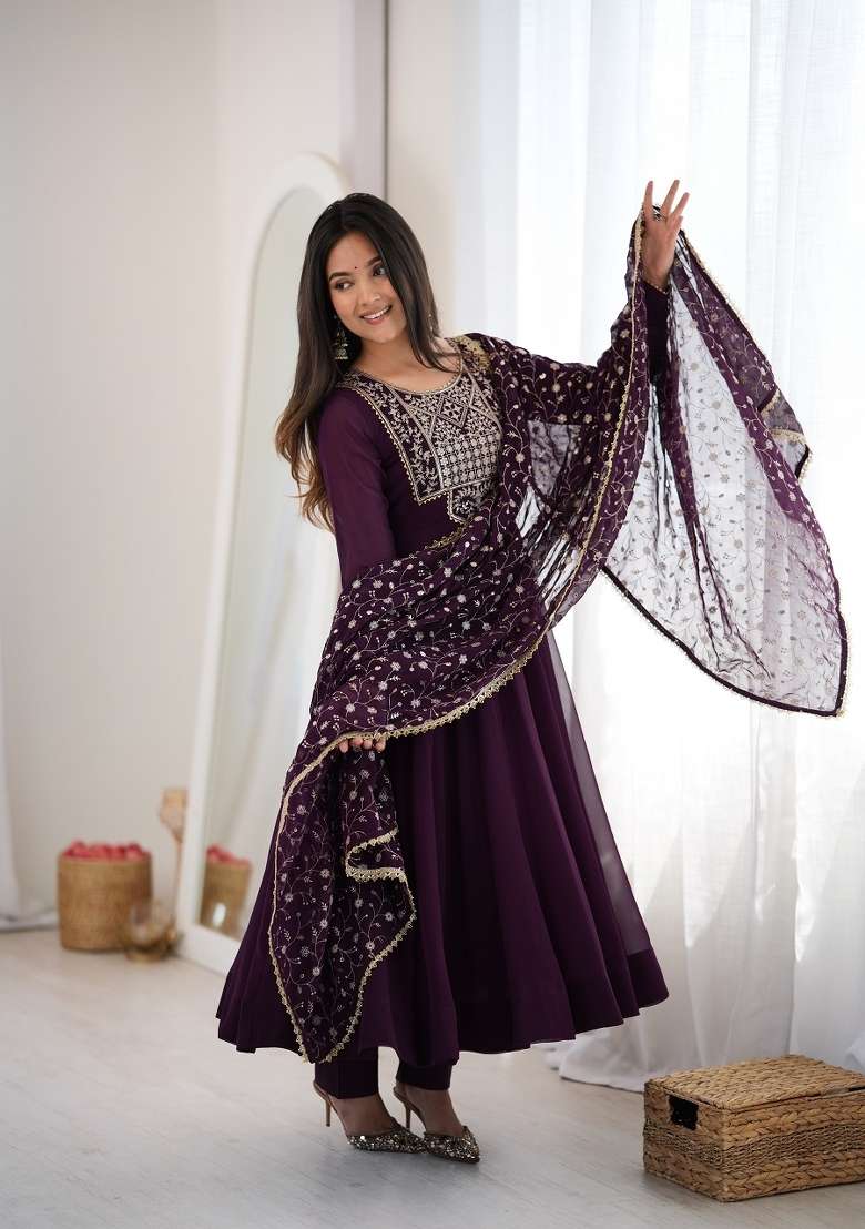 Wine Embroidered Georgette Kurta Set - Indya