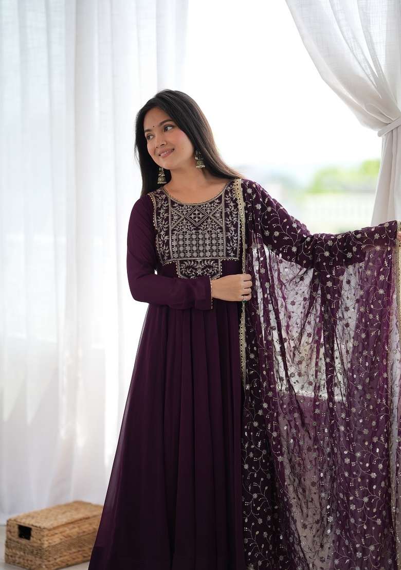 Wine Embroidered Georgette Kurta Set - Indya