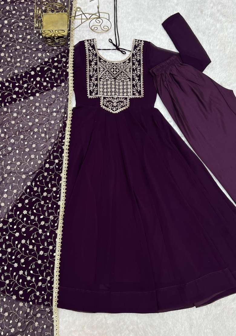 Wine Embroidered Georgette Kurta Set - Indya