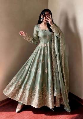 Green Embroidered Silk Kurta Set