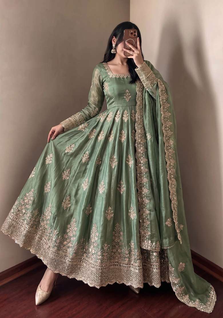 Green Embroidered Silk Kurta Set - Indya