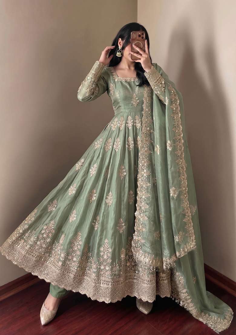 Green Embroidered Silk Kurta Set - Indya