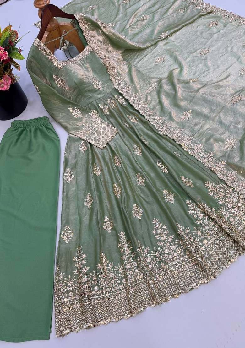 Green Embroidered Silk Kurta Set - Indya