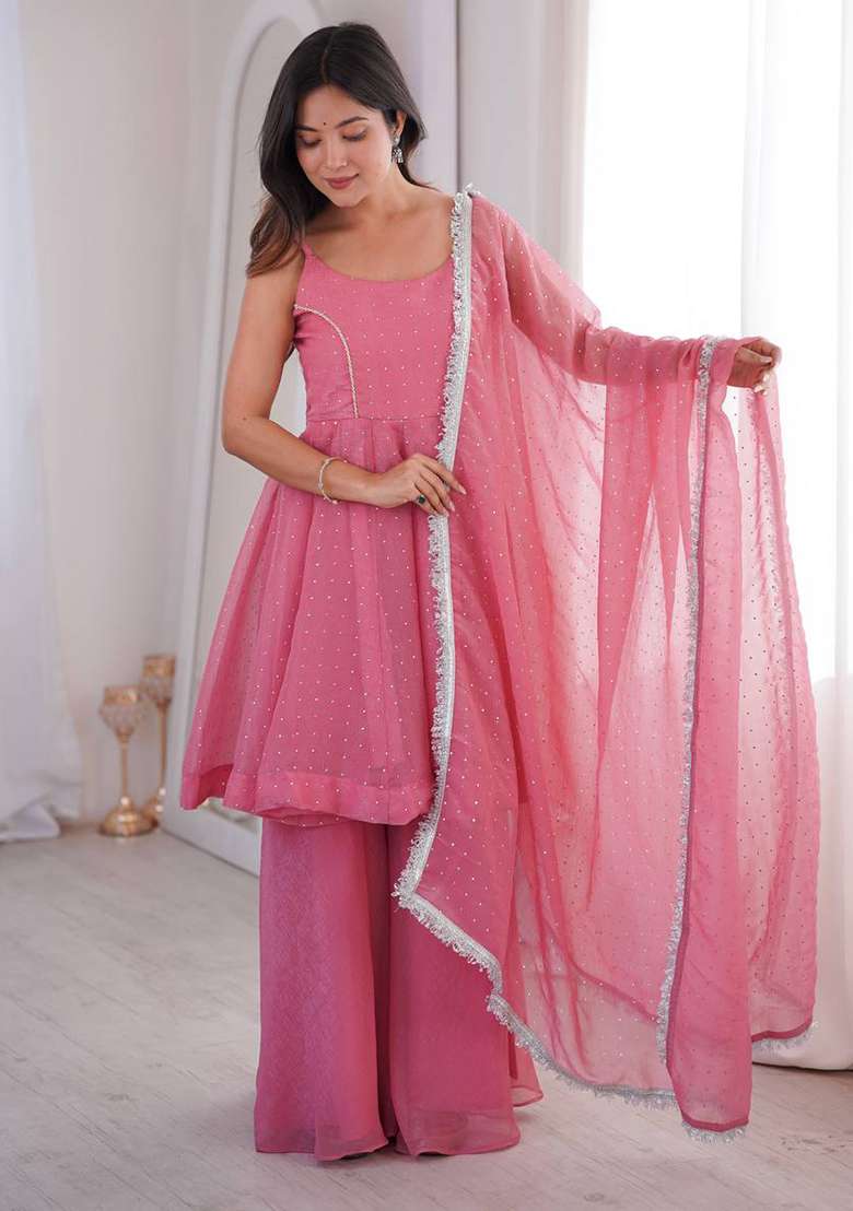 Pink Zari Woven Silk Kurta Set - Indya