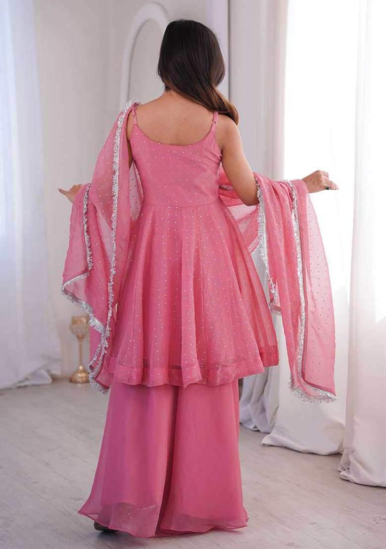 Pink Zari Woven Silk Kurta Set - Indya