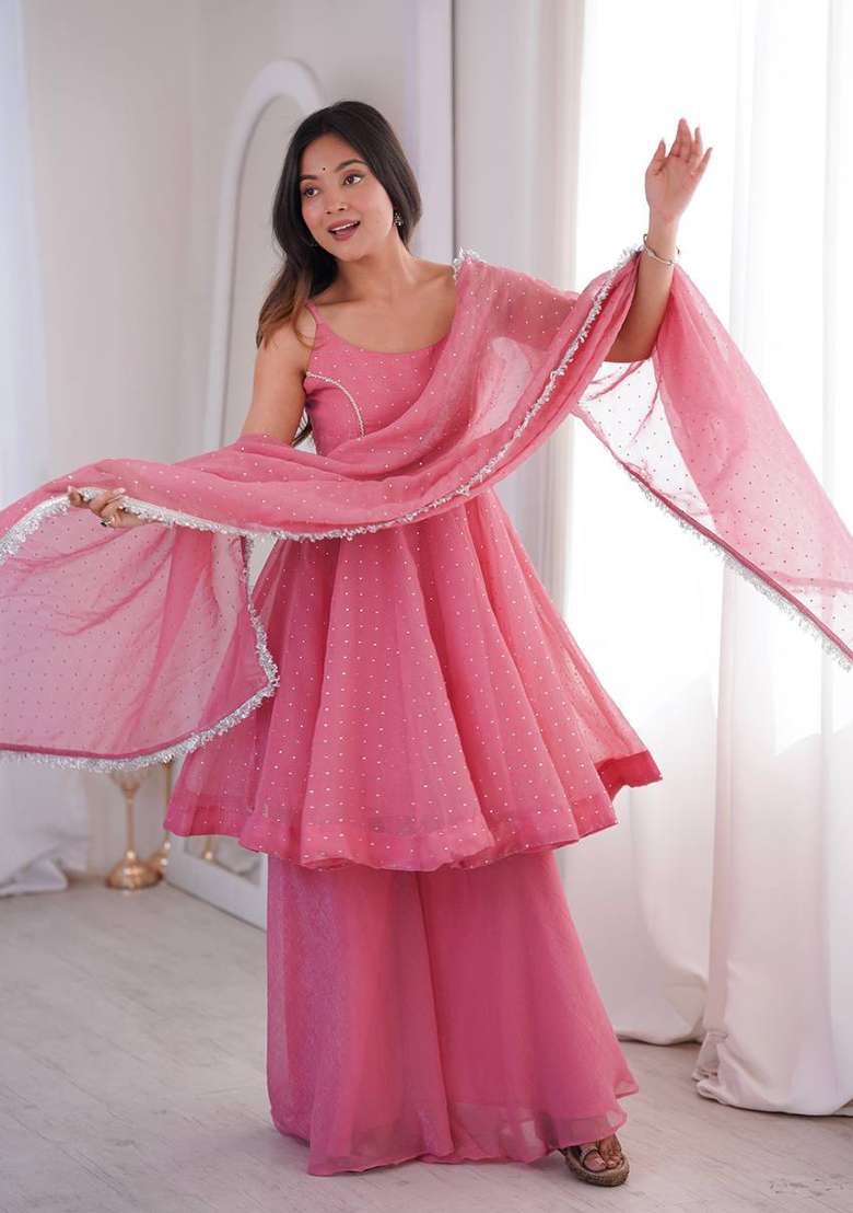 Pink Zari Woven Silk Kurta Set - Indya
