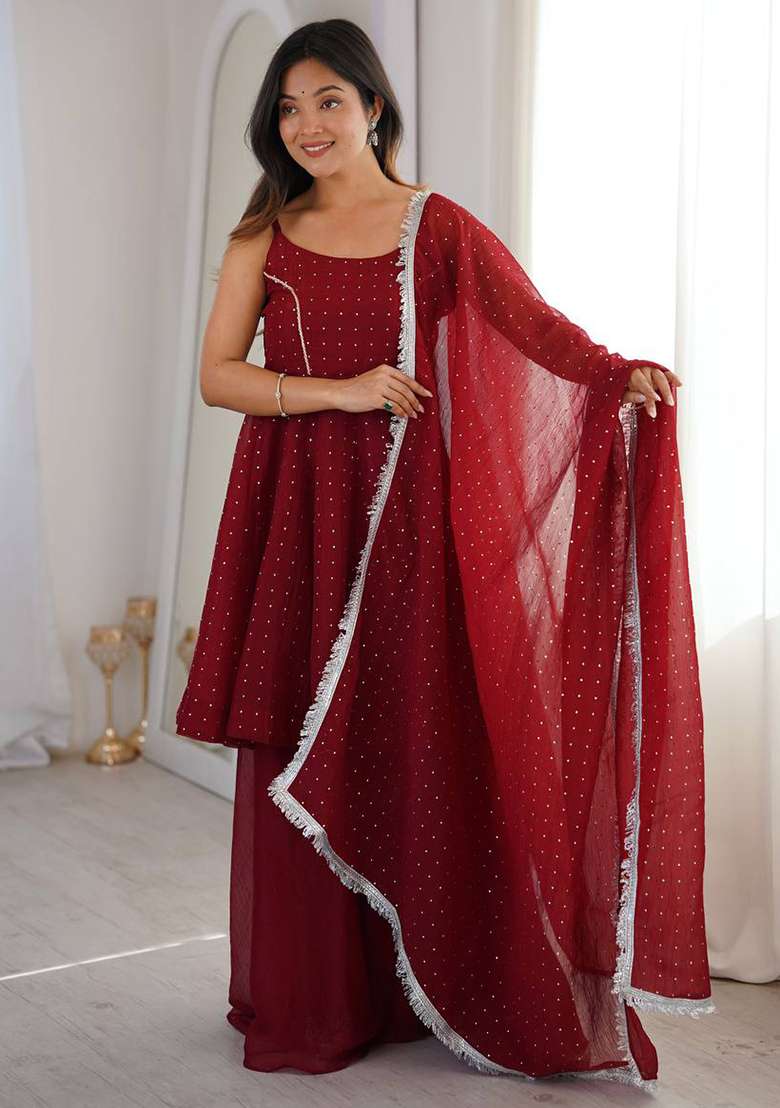 Red Zari Woven Silk Kurta Set - Indya
