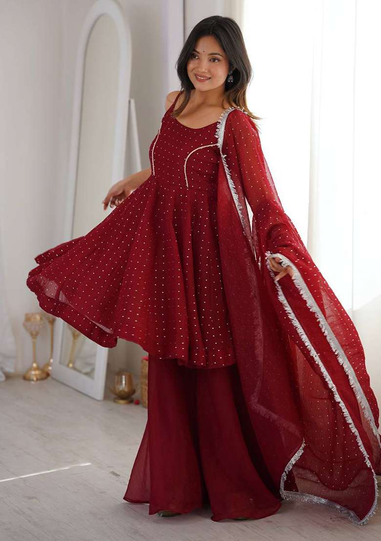 Red Zari Woven Silk Kurta Set - Indya