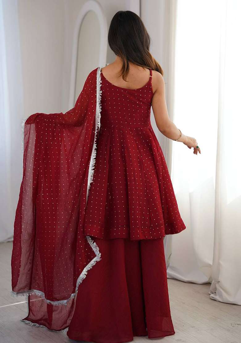 Red Zari Woven Silk Kurta Set - Indya