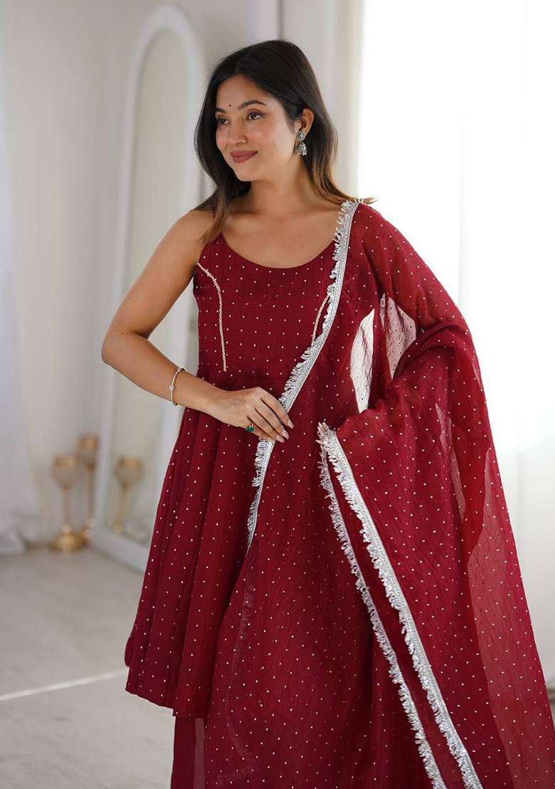 Red Zari Woven Silk Kurta Set - Indya