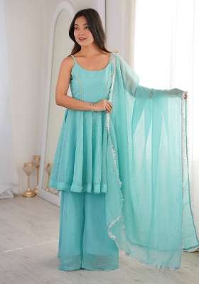 Sky Blue Zari Woven Silk Kurta Set