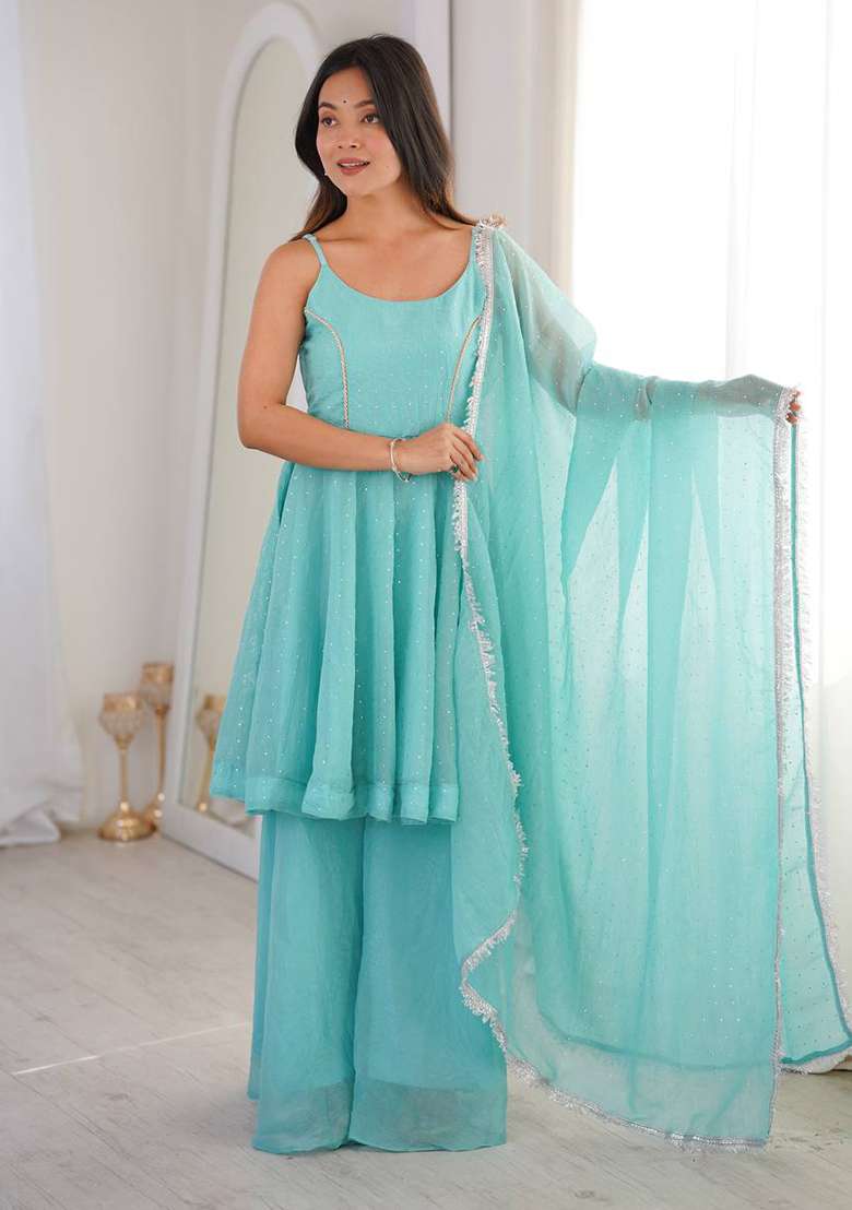 Sky Blue Zari Woven Silk Kurta Set - Indya