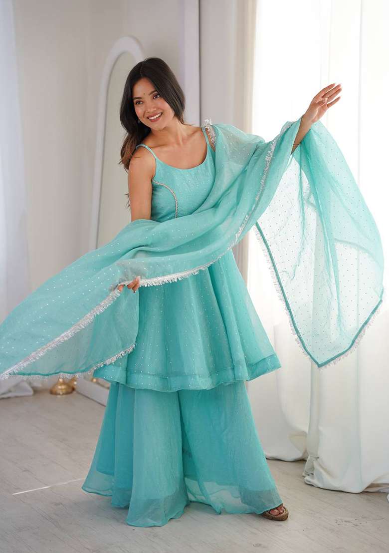 Sky Blue Zari Woven Silk Kurta Set - Indya