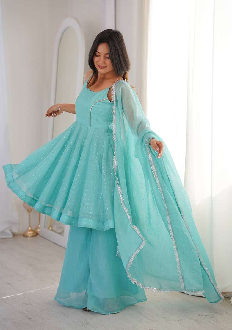 Sky Blue Zari Woven Silk Kurta Set - Indya