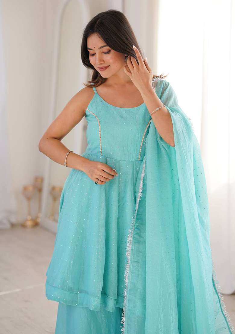 Sky Blue Zari Woven Silk Kurta Set - Indya