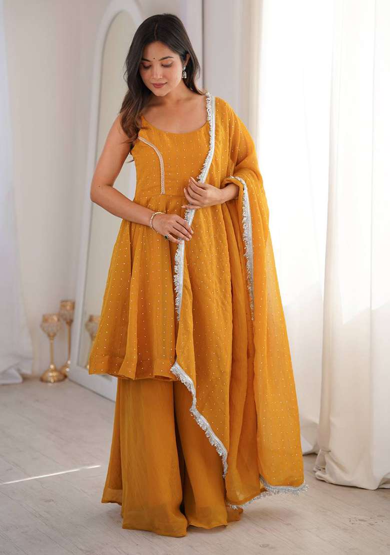 Yellow Zari Woven Silk Kurta Set - Indya