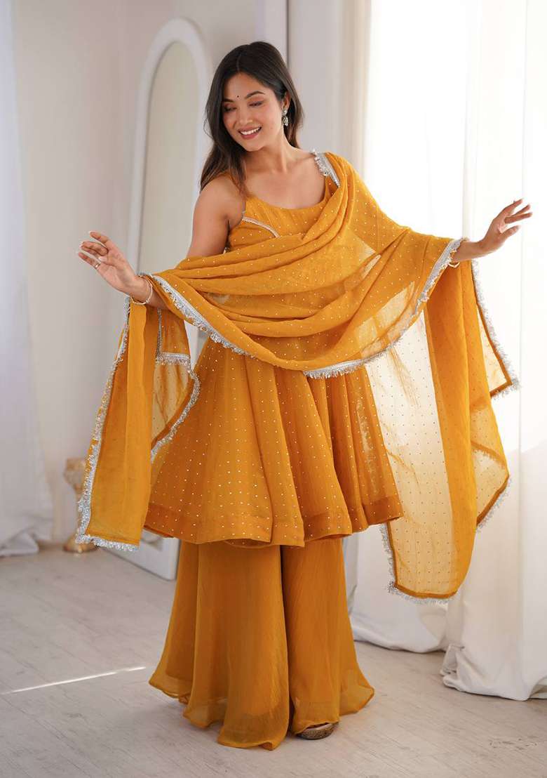 Yellow Zari Woven Silk Kurta Set - Indya