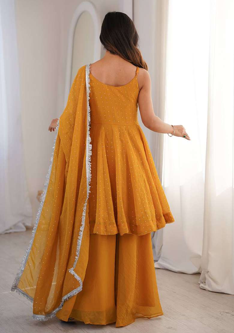 Yellow Zari Woven Silk Kurta Set - Indya