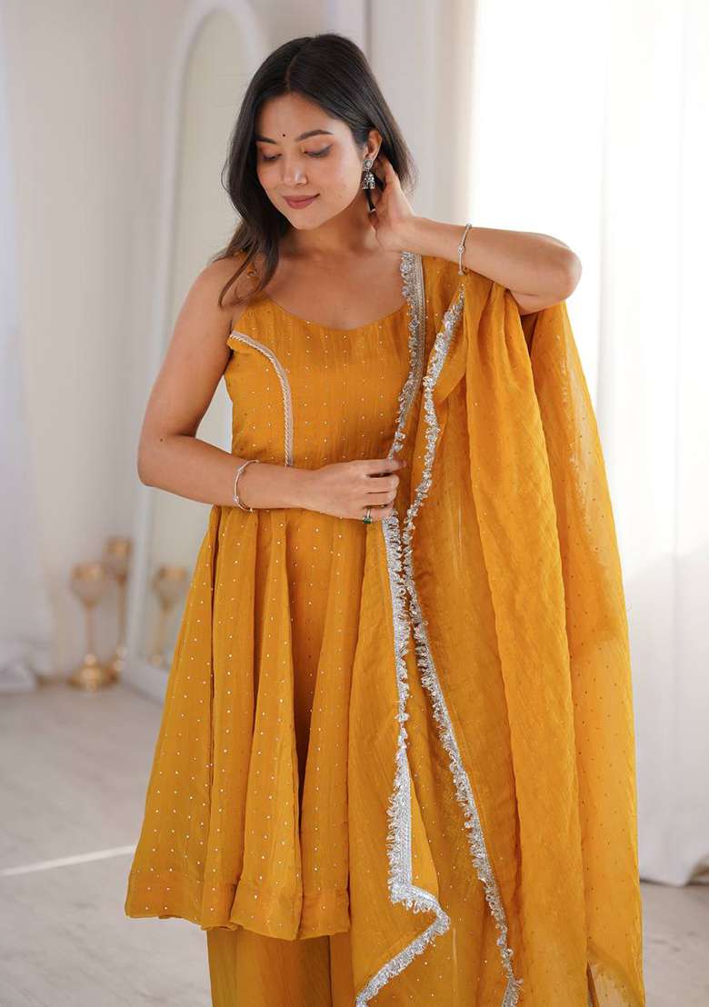 Yellow Zari Woven Silk Kurta Set - Indya