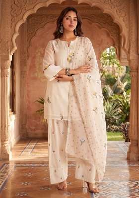 Cream Embroidered Cotton Kurta Set