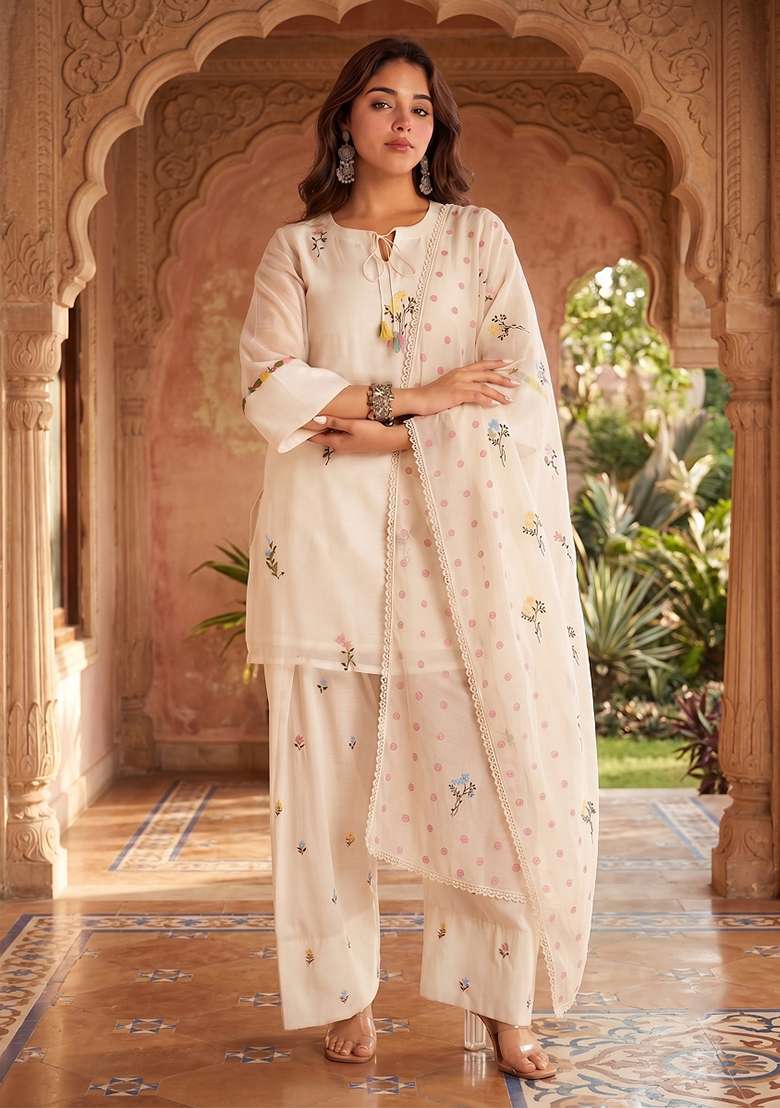 Cream Embroidered Cotton Kurta Set - Indya