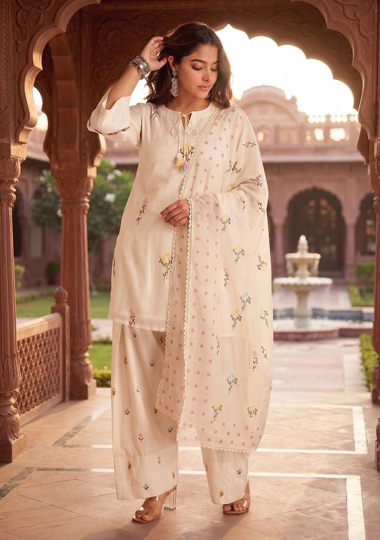 Cream Embroidered Cotton Kurta Set - Indya