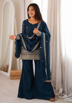 Teal Blue Embroidered Silk Kurta Set