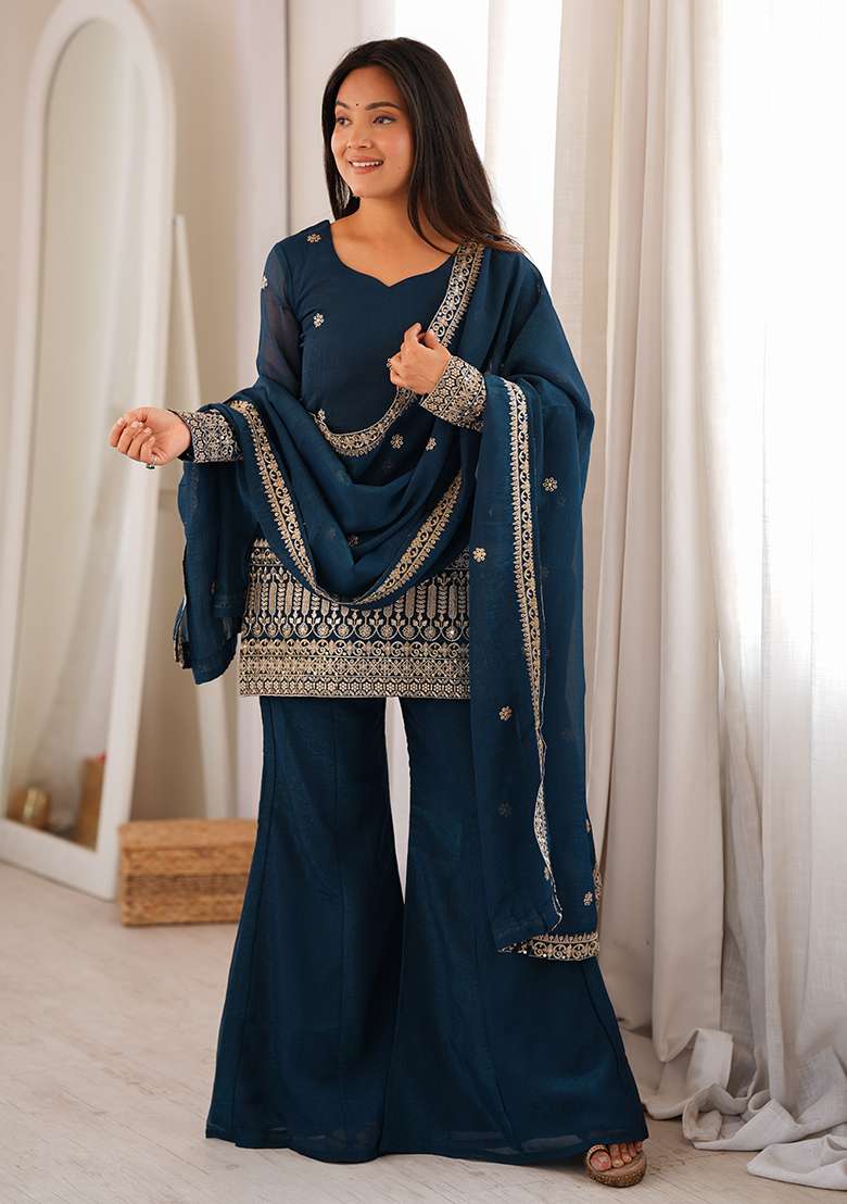 Teal Blue Embroidered Silk Kurta Set - Indya