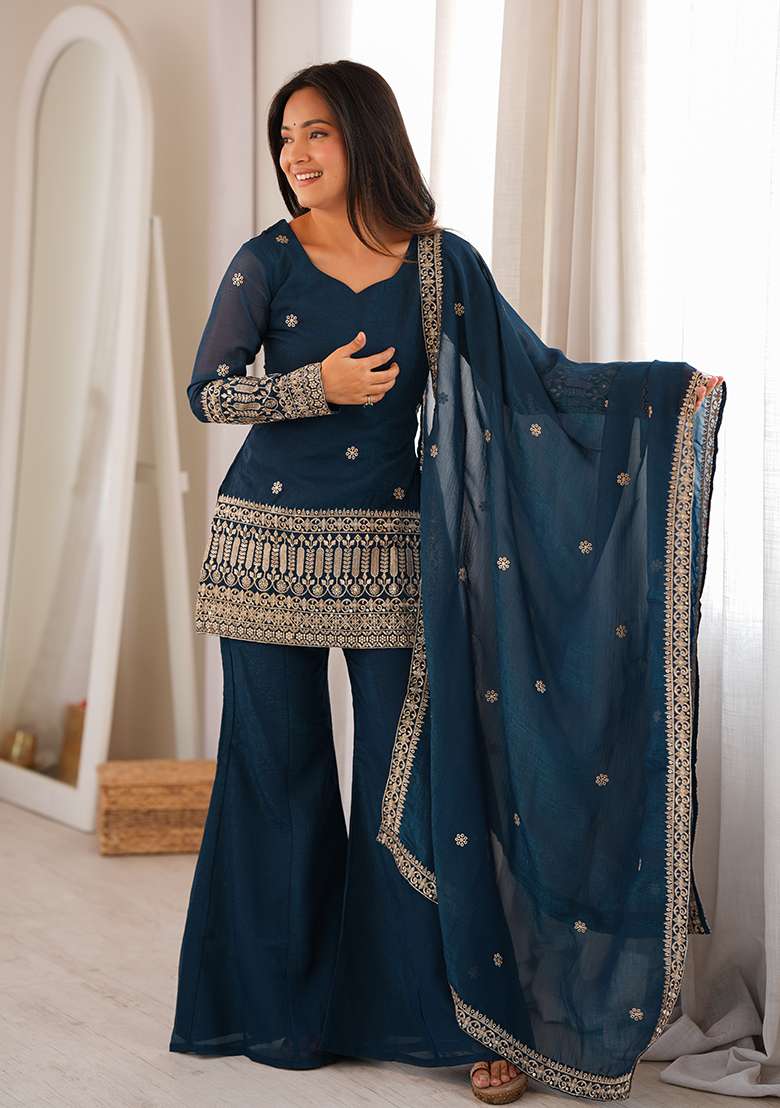 Teal Blue Embroidered Silk Kurta Set - Indya