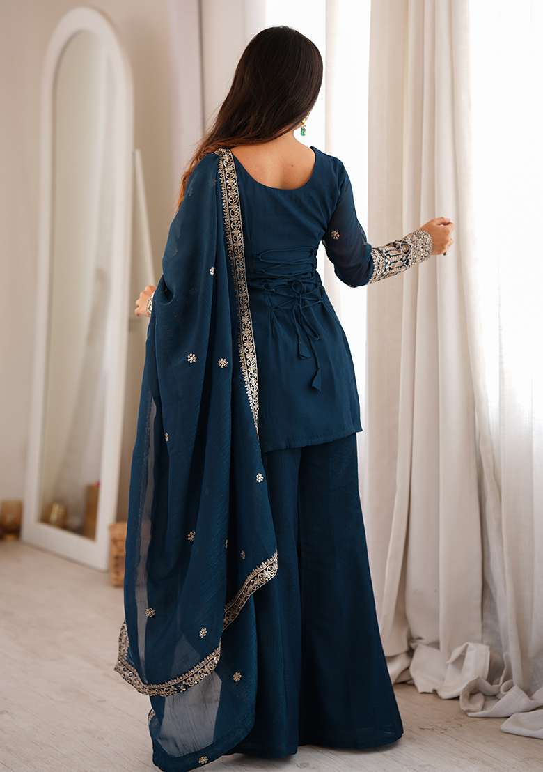 Teal Blue Embroidered Silk Kurta Set - Indya