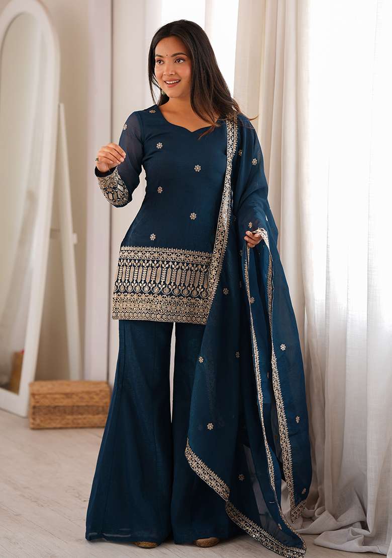Teal Blue Embroidered Silk Kurta Set - Indya