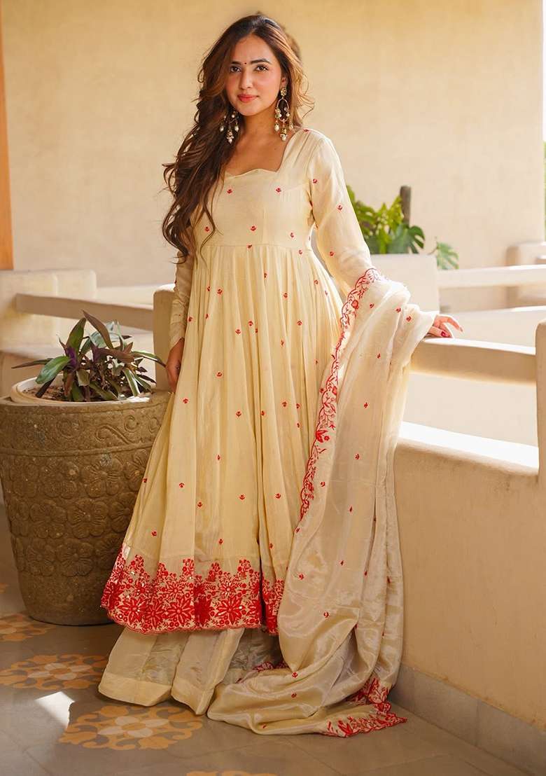 Ivory Embroidered Silk Anarkali Set - Indya