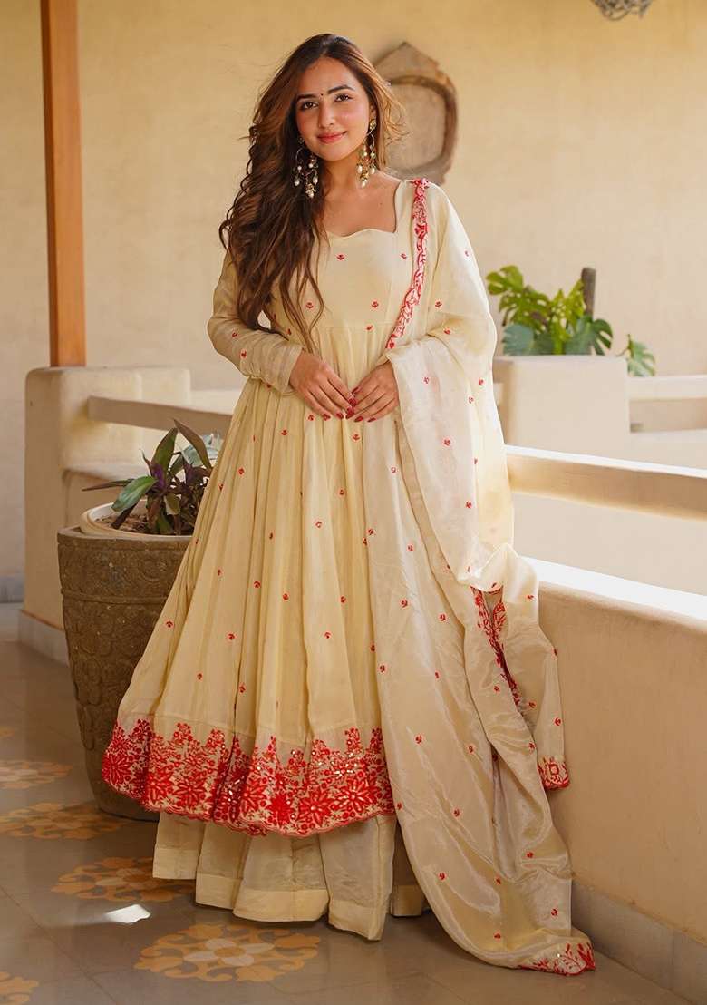 Ivory Embroidered Silk Anarkali Set - Indya
