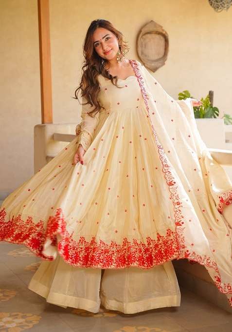 Ivory Embroidered Silk Anarkali Set
