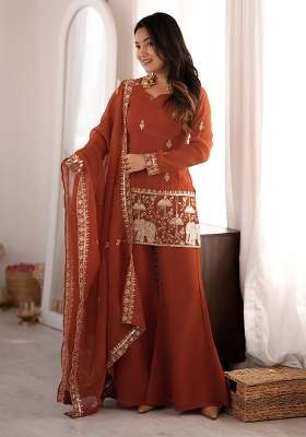 Rust Orange Embroidered Silk Kurta Set