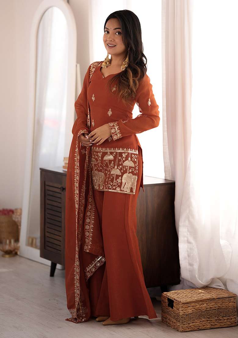 Rust Orange Embroidered Silk Kurta Set - Indya