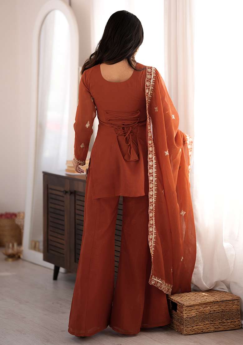 Rust Orange Embroidered Silk Kurta Set - Indya