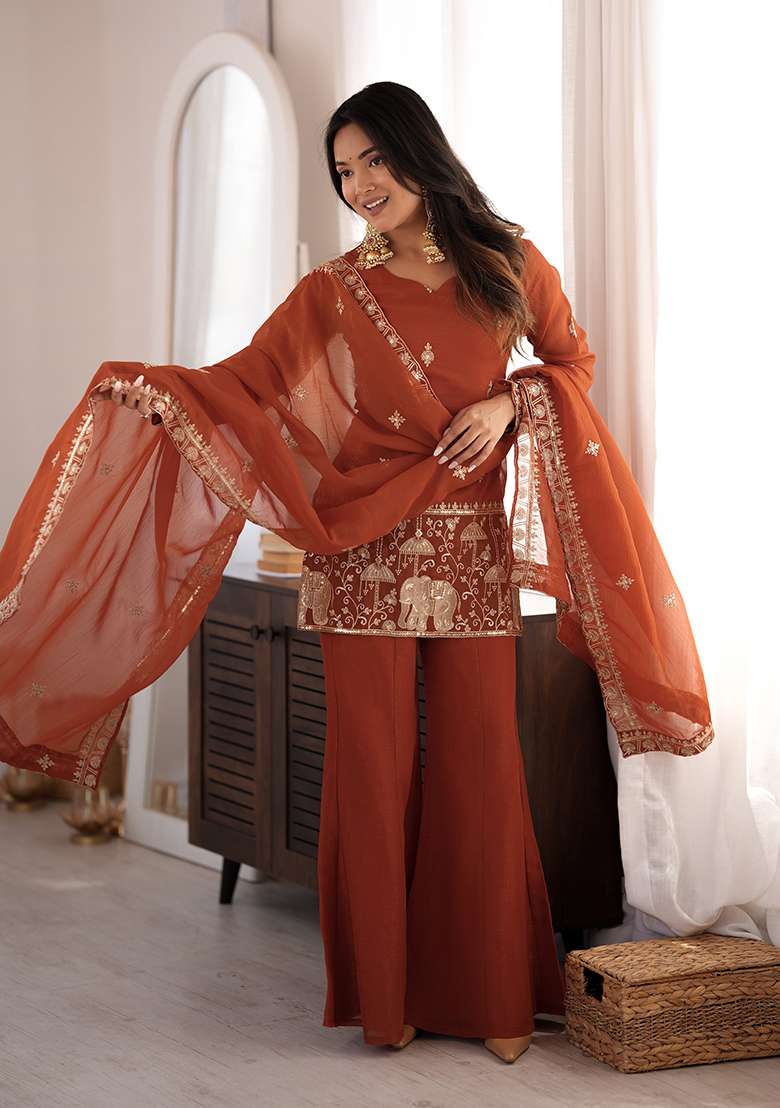 Rust Orange Embroidered Silk Kurta Set - Indya