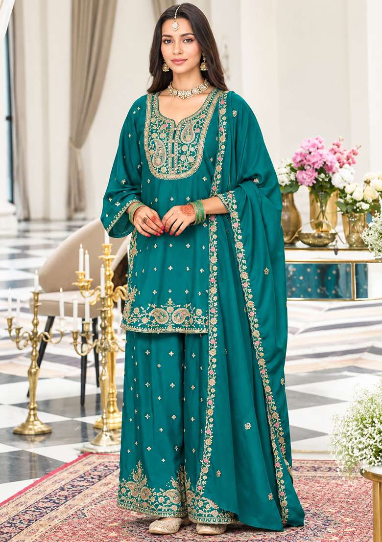 Teal Embroidered Silk Kurta Set - Indya