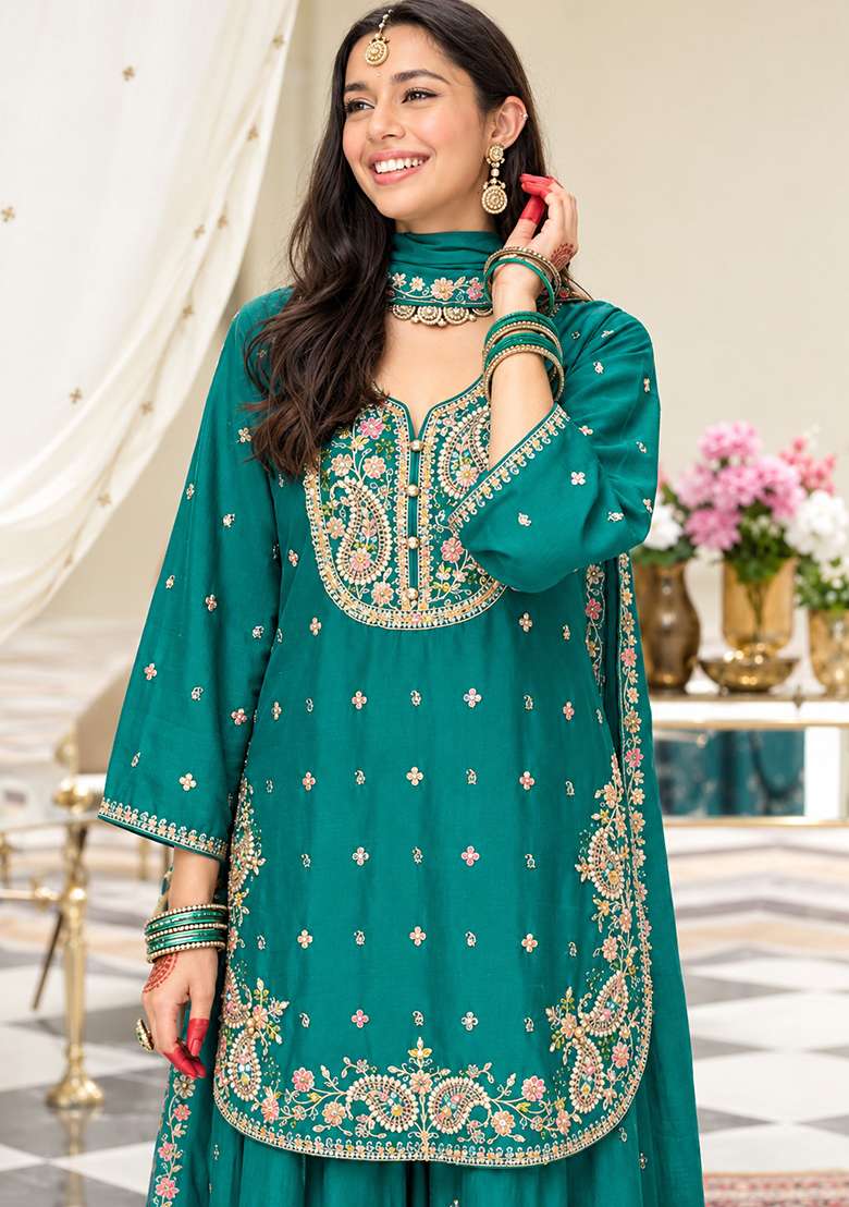 Teal Embroidered Silk Kurta Set - Indya