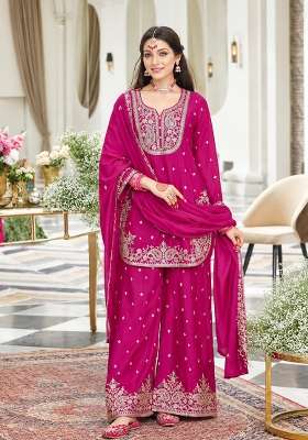 Rani Pink Embroidered Silk Kurta Set