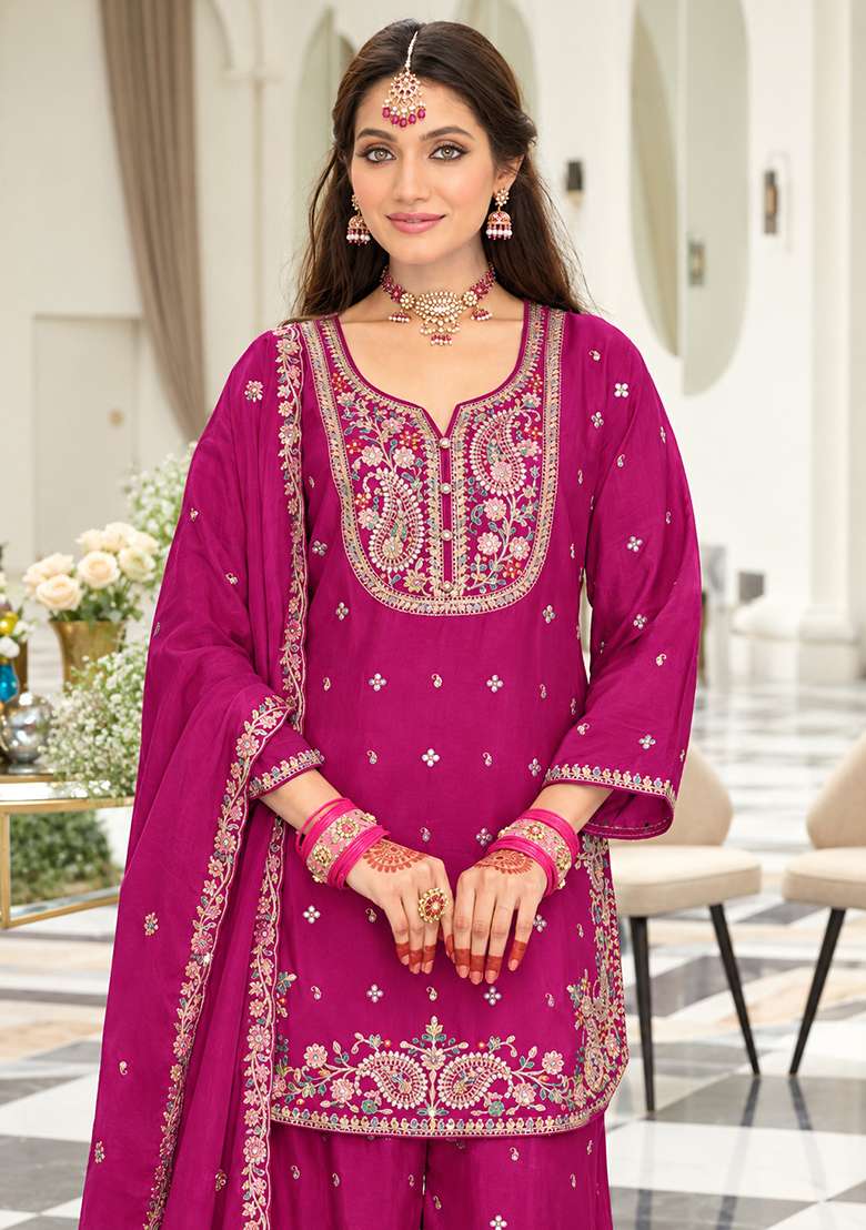 Rani Pink Embroidered Silk Kurta Set - Indya