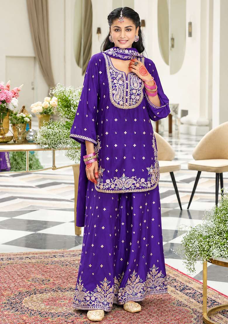 Violet Embroidered Silk Kurta Set - Indya