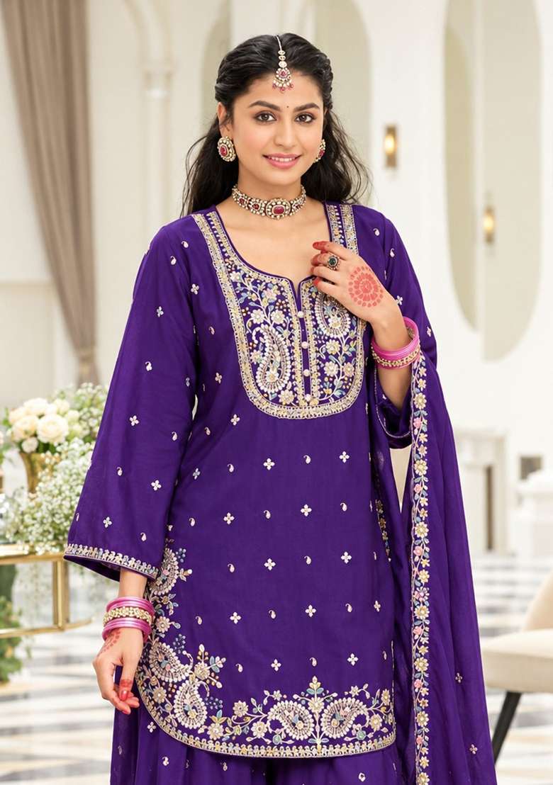 Violet Embroidered Silk Kurta Set - Indya