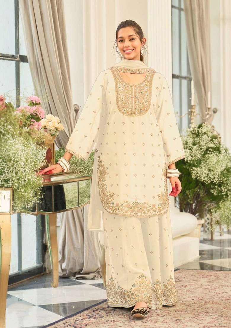 White Embroidered Silk Kurta Set - Indya