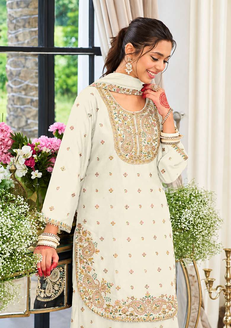 White Embroidered Silk Kurta Set - Indya