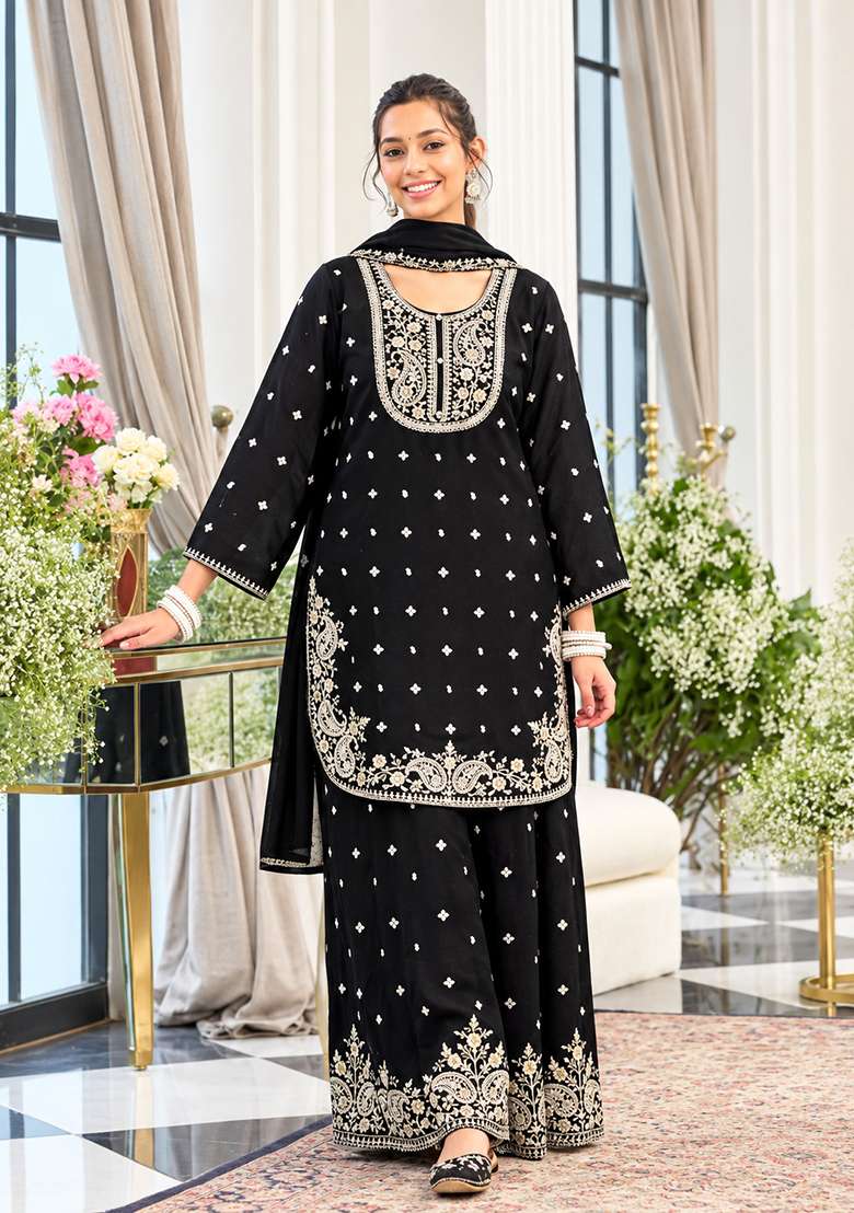 Black Embroidered Silk Kurta Set - Indya