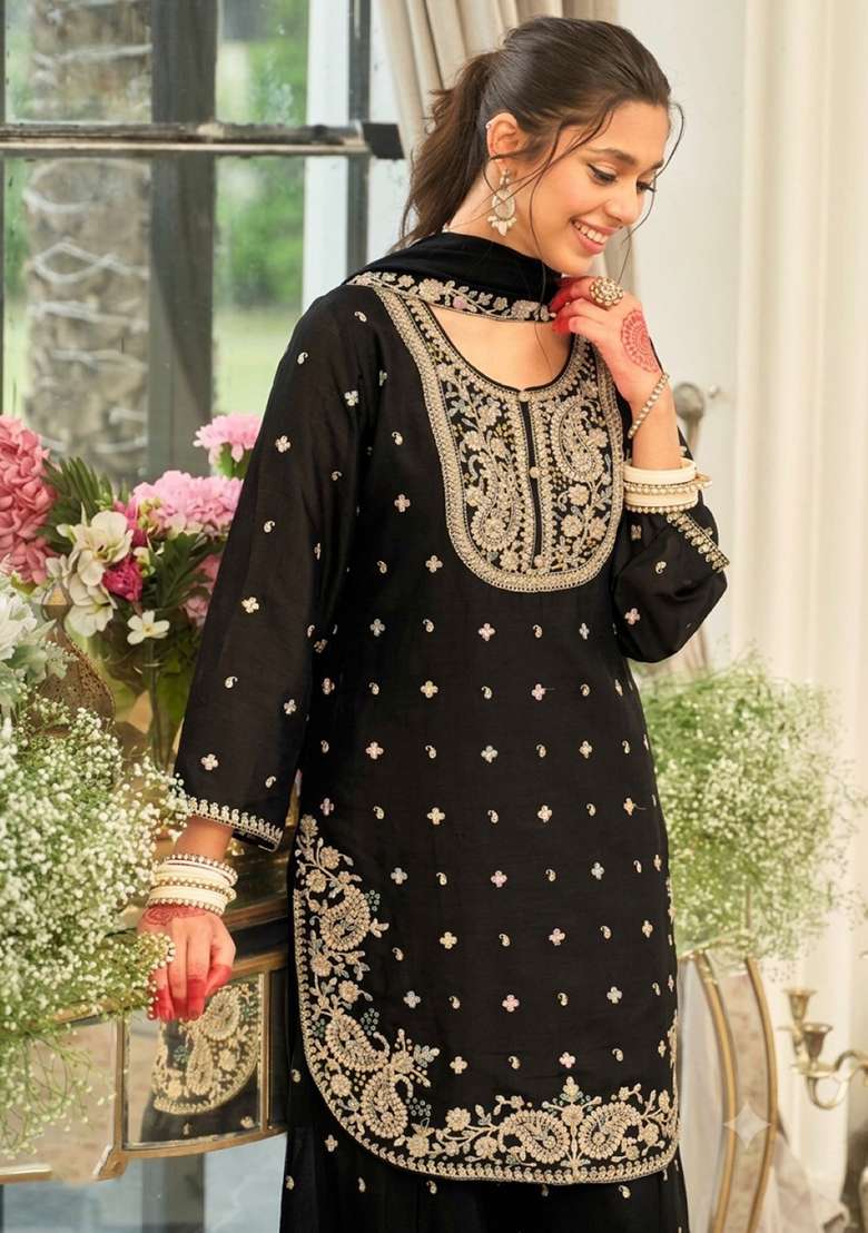 Black Embroidered Silk Kurta Set - Indya