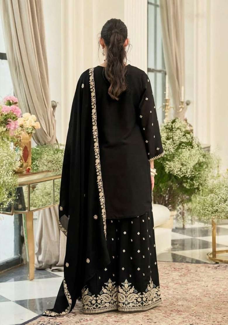 Black Embroidered Silk Kurta Set - Indya